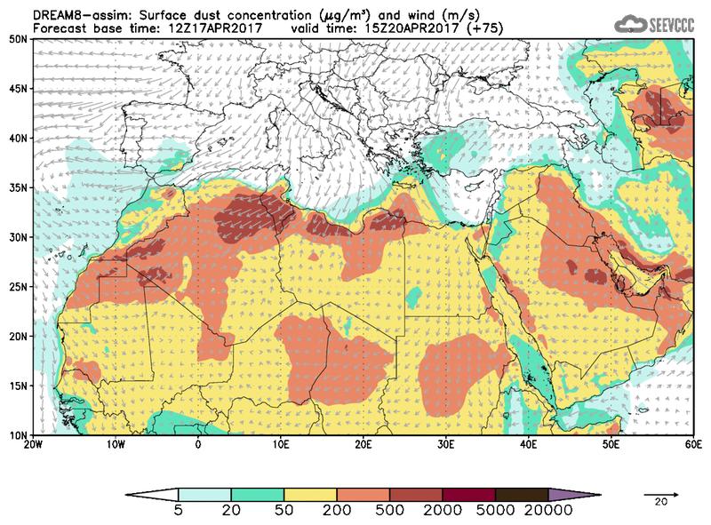 Surface dust concentration and wind at T63