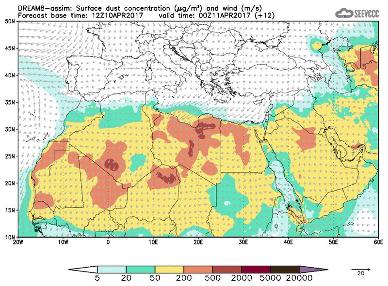 Surface dust concentration and wind at T00