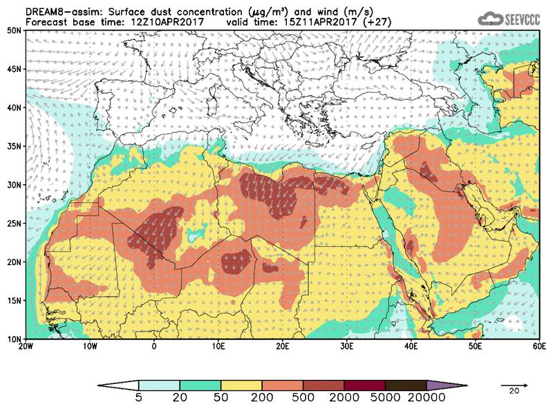 Surface dust concentration and wind at T15