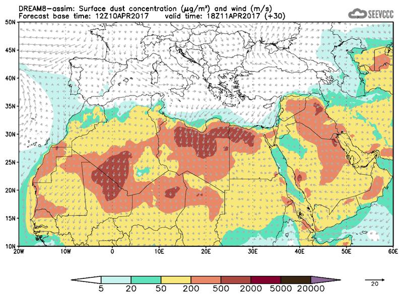 Surface dust concentration and wind at T18