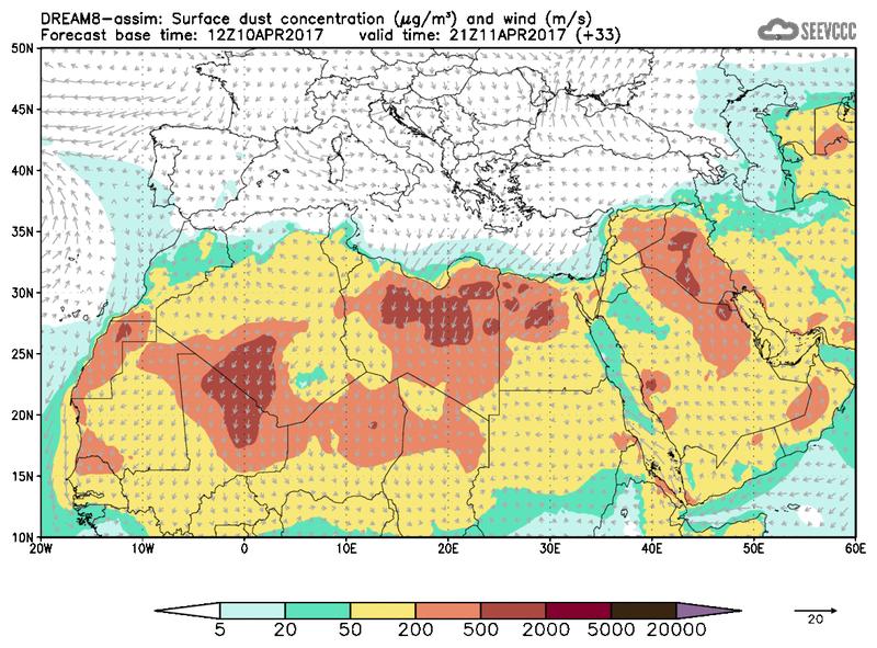 Surface dust concentration and wind at T21