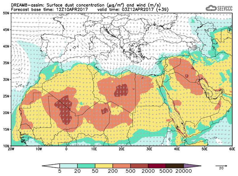 Surface dust concentration and wind at T27