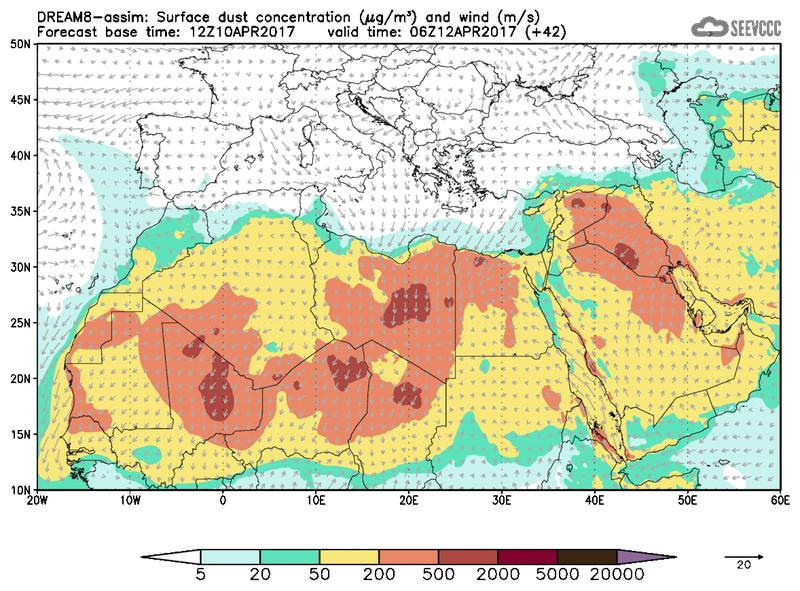 Surface dust concentration and wind at T30