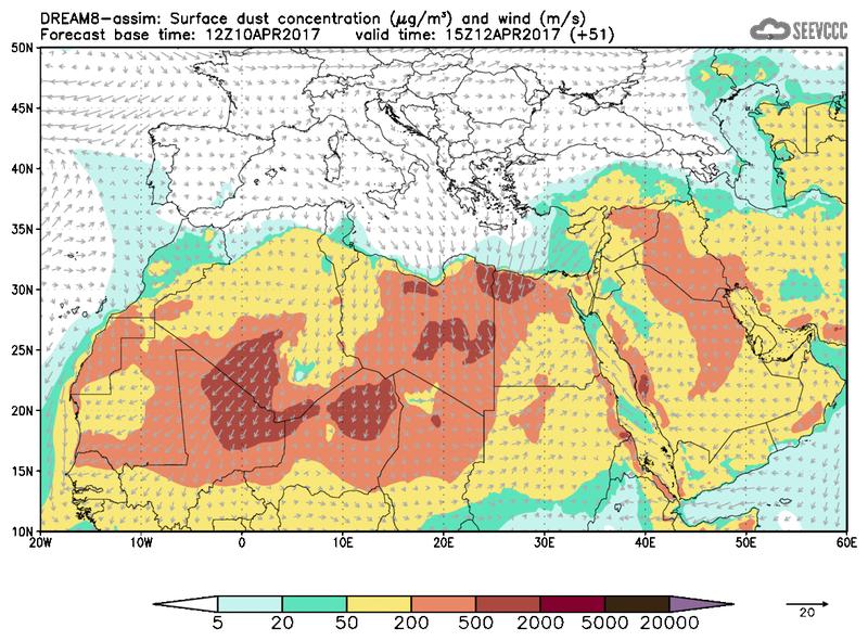 Surface dust concentration and wind at T39