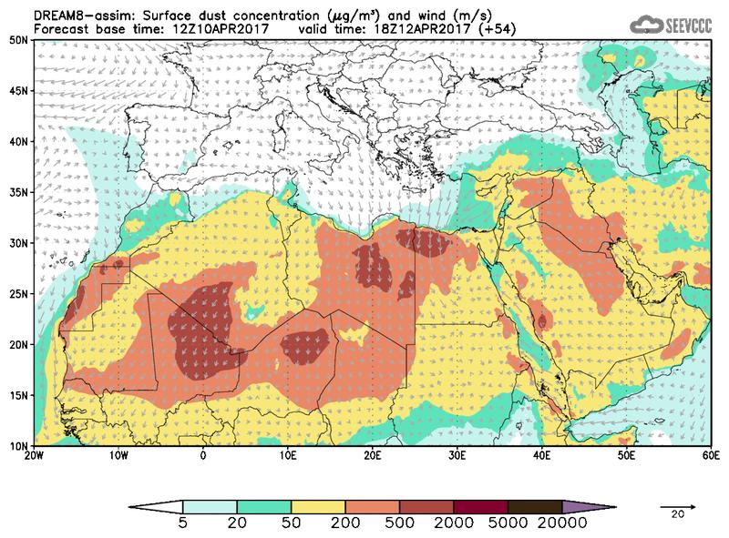 Surface dust concentration and wind at T42