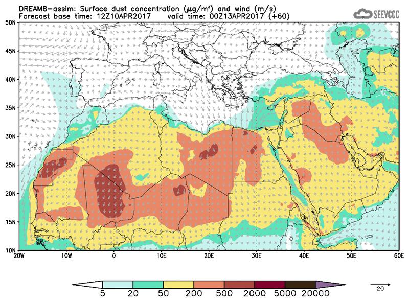 Surface dust concentration and wind at T48