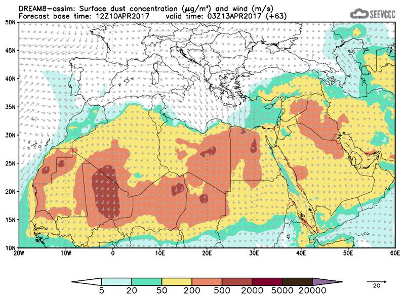 Surface dust concentration and wind at T51