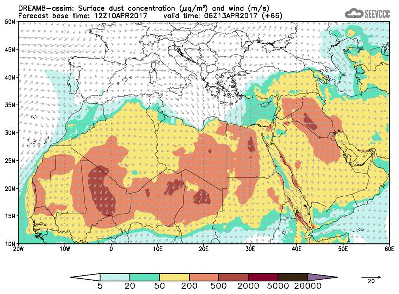 Surface dust concentration and wind at T54