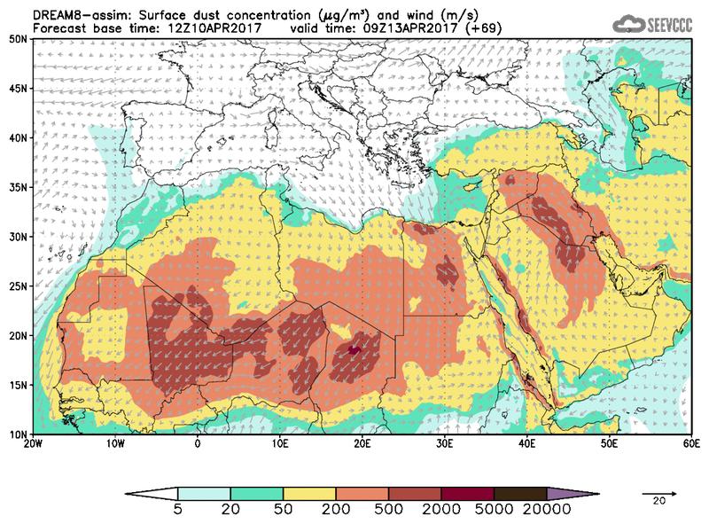 Surface dust concentration and wind at T57