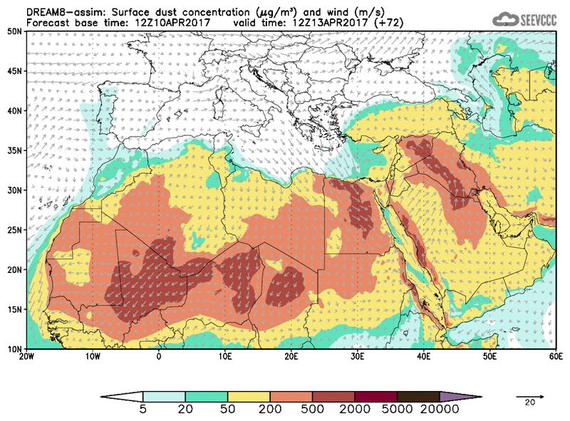 Surface dust concentration and wind at T60