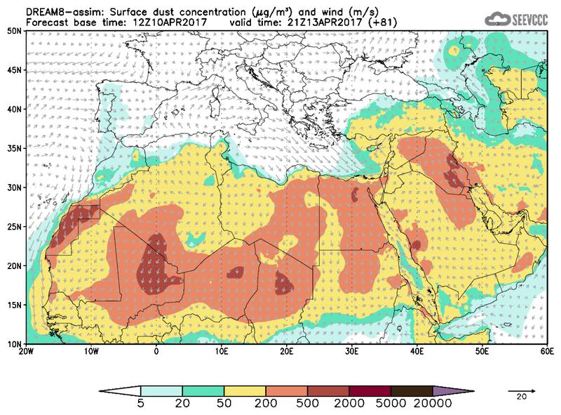 Surface dust concentration and wind at T69