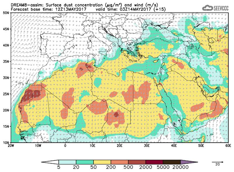 Surface dust concentration and wind at T03