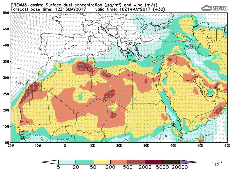 Surface dust concentration and wind at T18