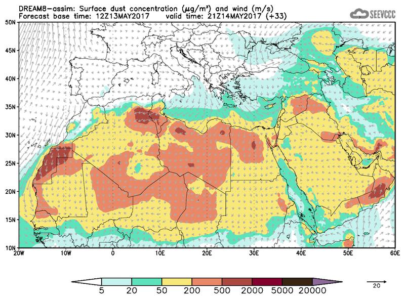 Surface dust concentration and wind at T21