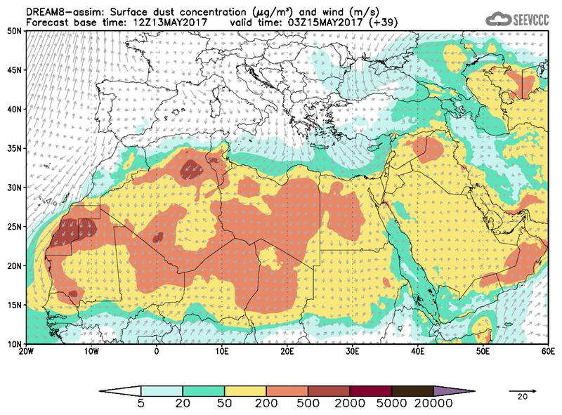 Surface dust concentration and wind at T27