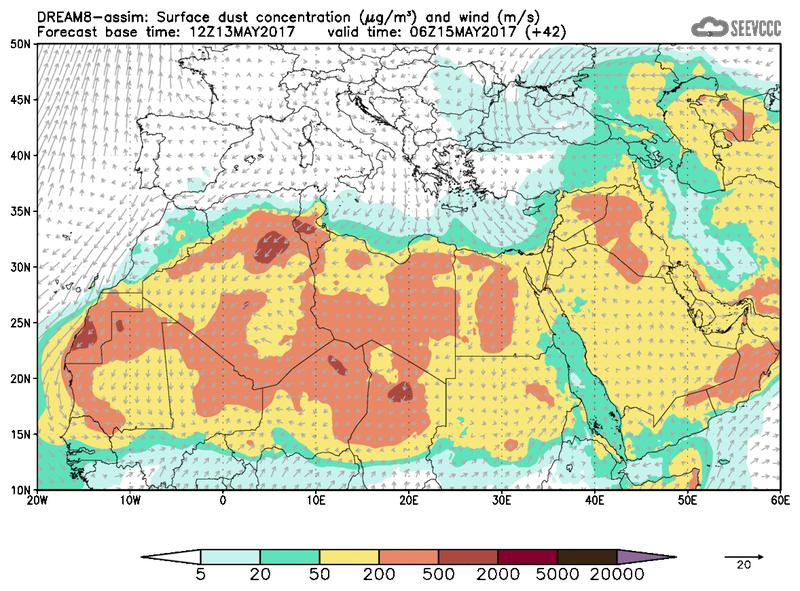 Surface dust concentration and wind at T30