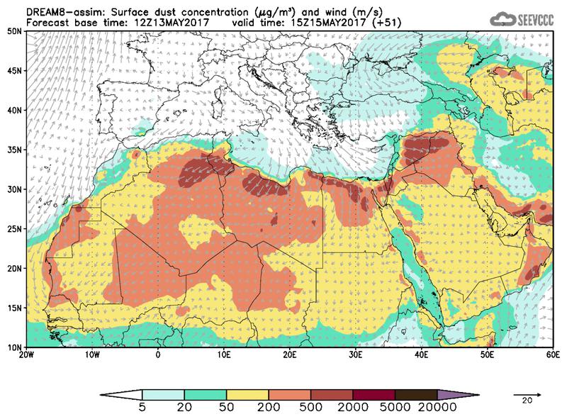 Surface dust concentration and wind at T39