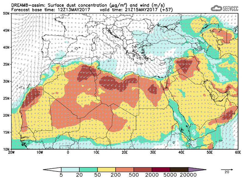 Surface dust concentration and wind at T45