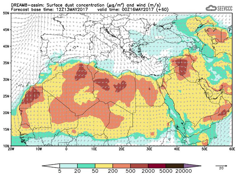 Surface dust concentration and wind at T48