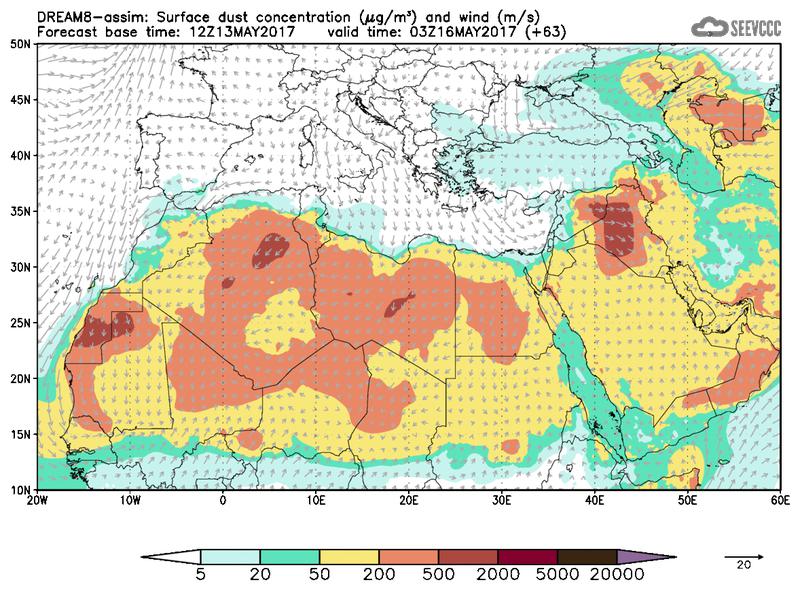 Surface dust concentration and wind at T51