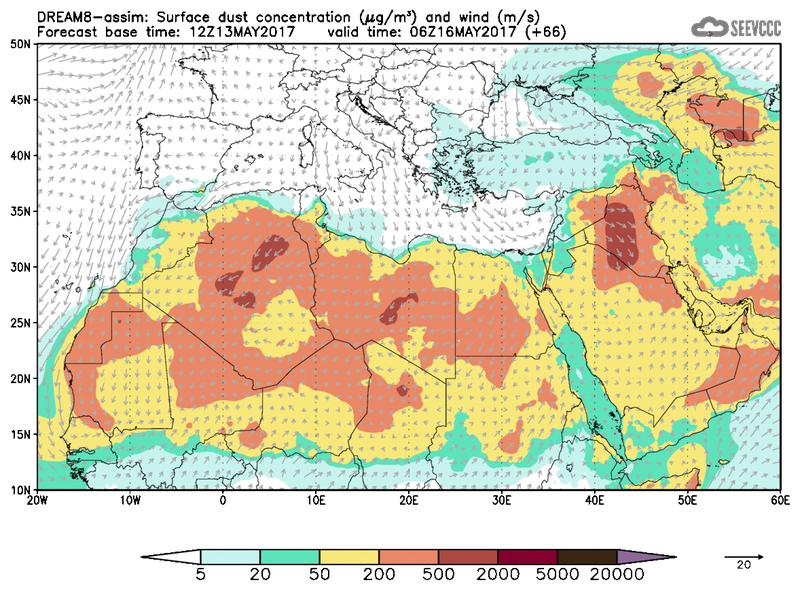 Surface dust concentration and wind at T54