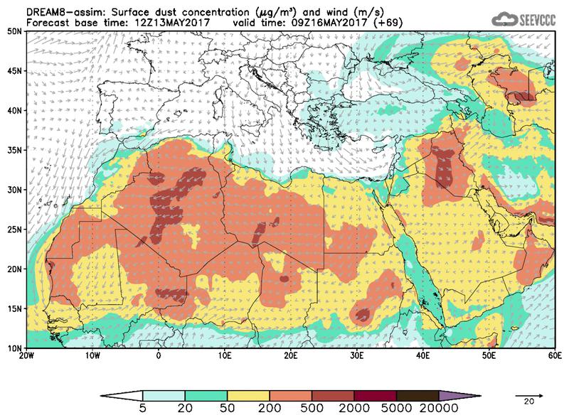 Surface dust concentration and wind at T57