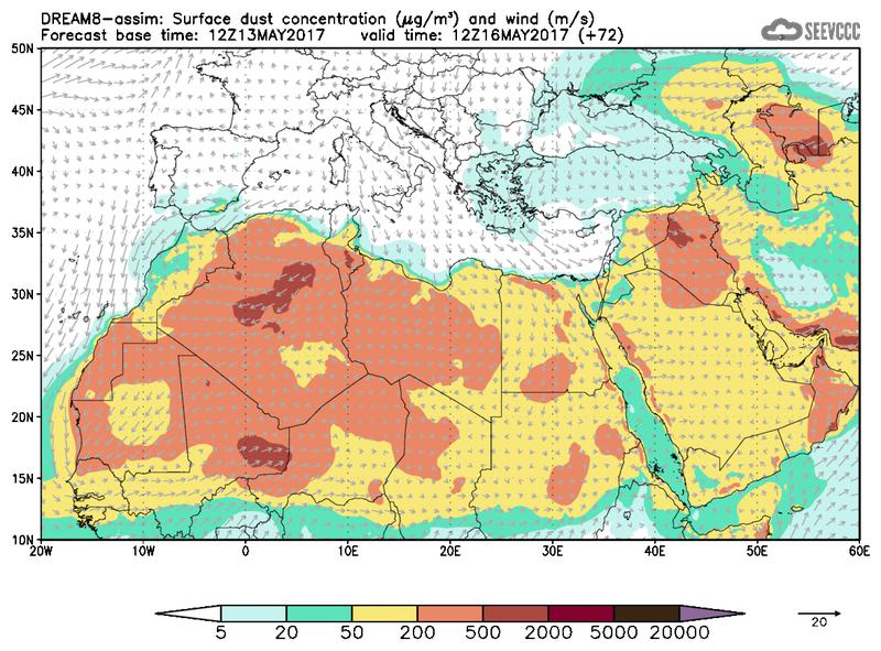 Surface dust concentration and wind at T60