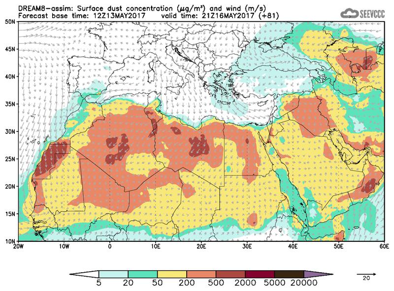 Surface dust concentration and wind at T69