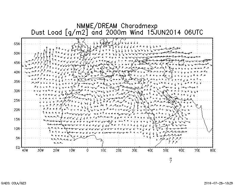 Dust load [g/m2] and 2000m Wind - 2014-06-15 06:00
