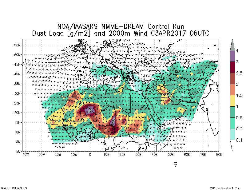 Dust load [g/m2] and 2000m Wind - 2017-04-03 06:00