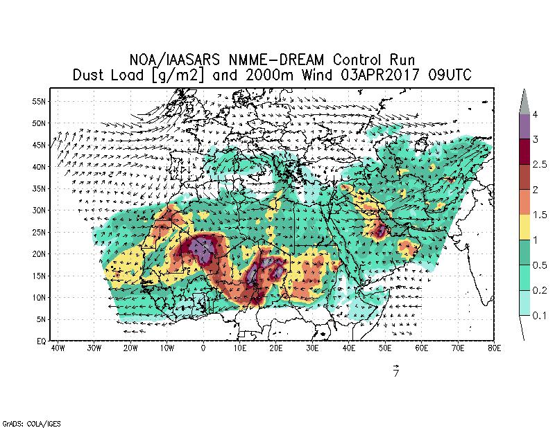 Dust load [g/m2] and 2000m Wind - 2017-04-03 09:00