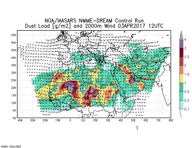 Dust load [g/m2] and 2000m Wind - 2017-04-03 12:00