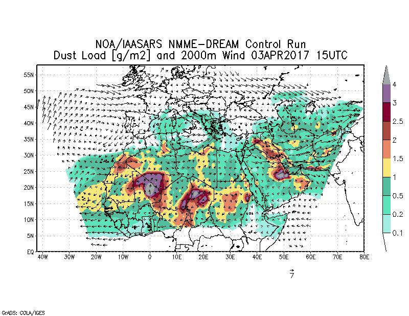 Dust load [g/m2] and 2000m Wind - 2017-04-03 15:00