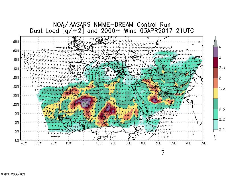 Dust load [g/m2] and 2000m Wind - 2017-04-03 21:00
