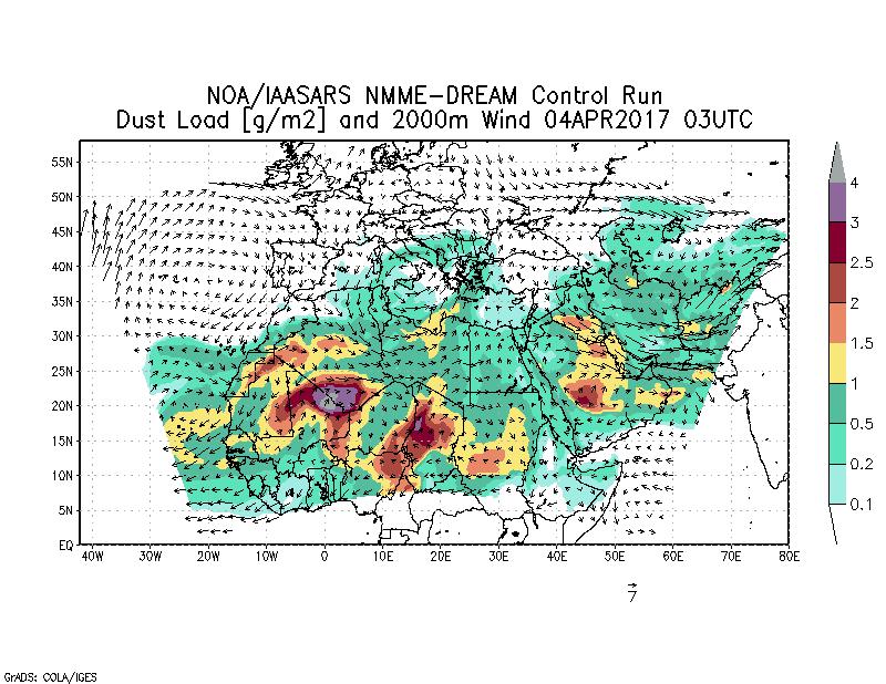Dust load [g/m2] and 2000m Wind - 2017-04-04 03:00