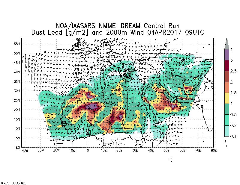 Dust load [g/m2] and 2000m Wind - 2017-04-04 09:00