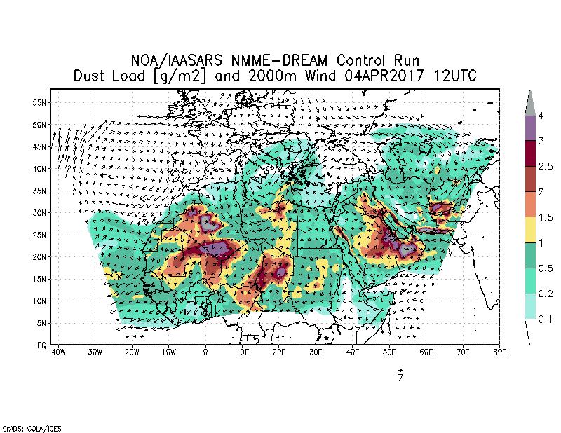 Dust load [g/m2] and 2000m Wind - 2017-04-04 12:00