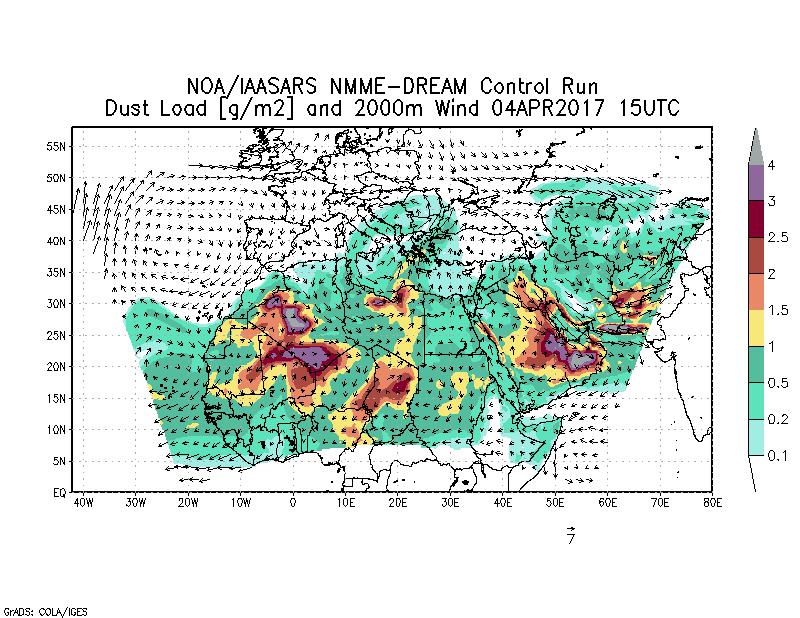 Dust load [g/m2] and 2000m Wind - 2017-04-04 15:00