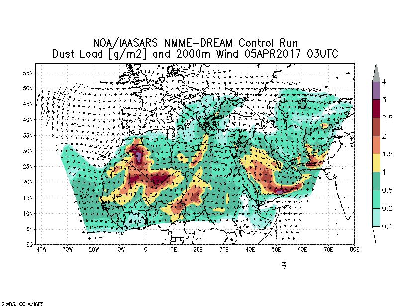 Dust load [g/m2] and 2000m Wind - 2017-04-05 03:00