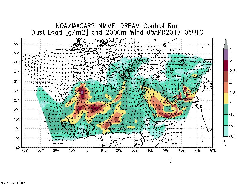 Dust load [g/m2] and 2000m Wind - 2017-04-05 06:00