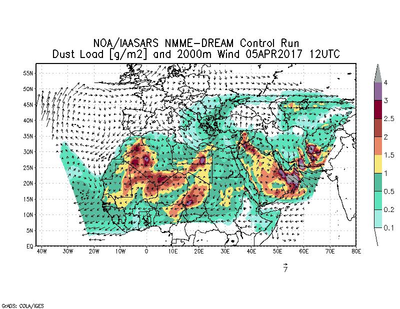 Dust load [g/m2] and 2000m Wind - 2017-04-05 12:00