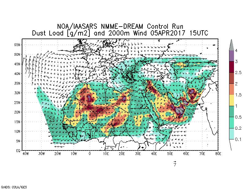 Dust load [g/m2] and 2000m Wind - 2017-04-05 15:00