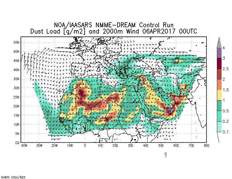 Dust load [g/m2] and 2000m Wind - 2017-04-06 00:00