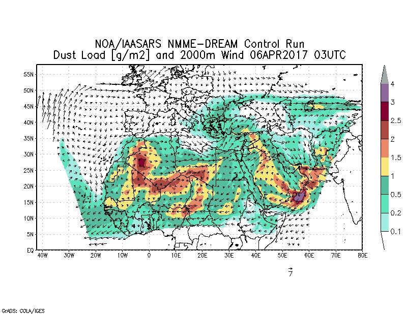 Dust load [g/m2] and 2000m Wind - 2017-04-06 03:00