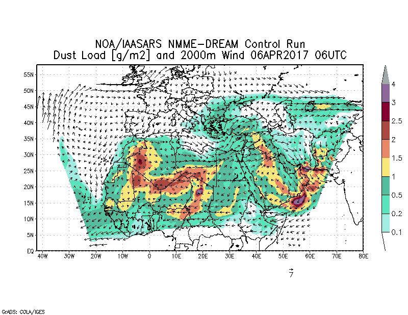 Dust load [g/m2] and 2000m Wind - 2017-04-06 06:00