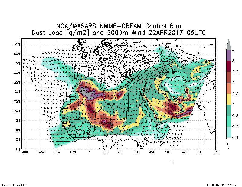 Dust load [g/m2] and 2000m Wind - 2017-04-22 06:00