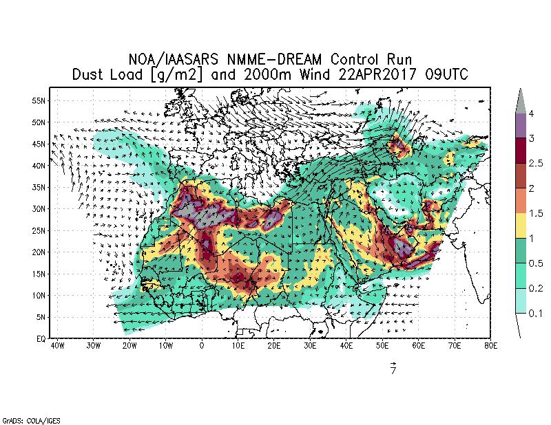Dust load [g/m2] and 2000m Wind - 2017-04-22 09:00