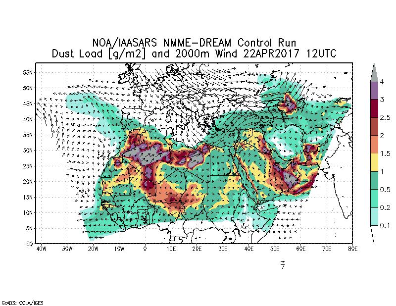 Dust load [g/m2] and 2000m Wind - 2017-04-22 12:00