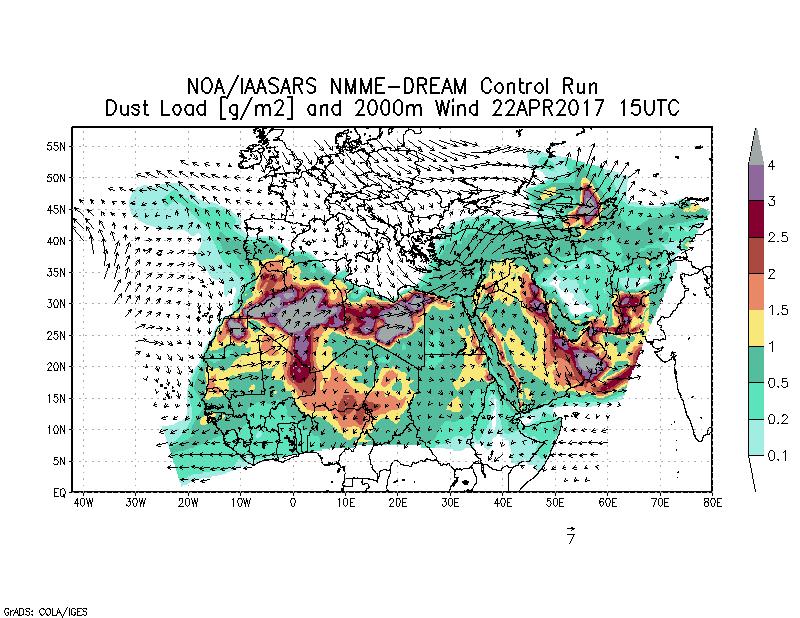 Dust load [g/m2] and 2000m Wind - 2017-04-22 15:00