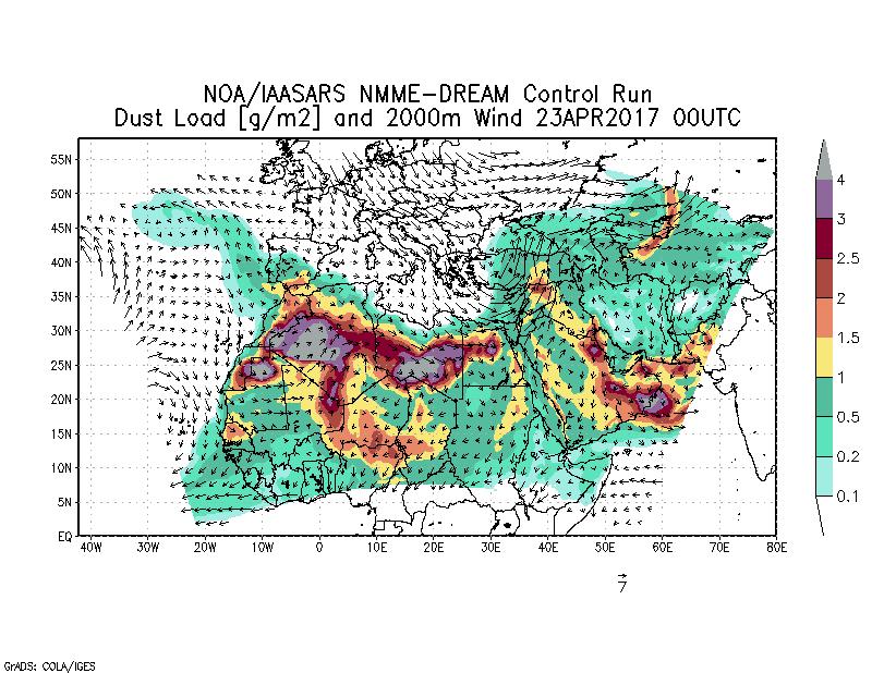 Dust load [g/m2] and 2000m Wind - 2017-04-23 00:00
